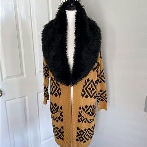 MINKPINK Cardigan Sweater With Plush Faux Fur Collar Tan & Black